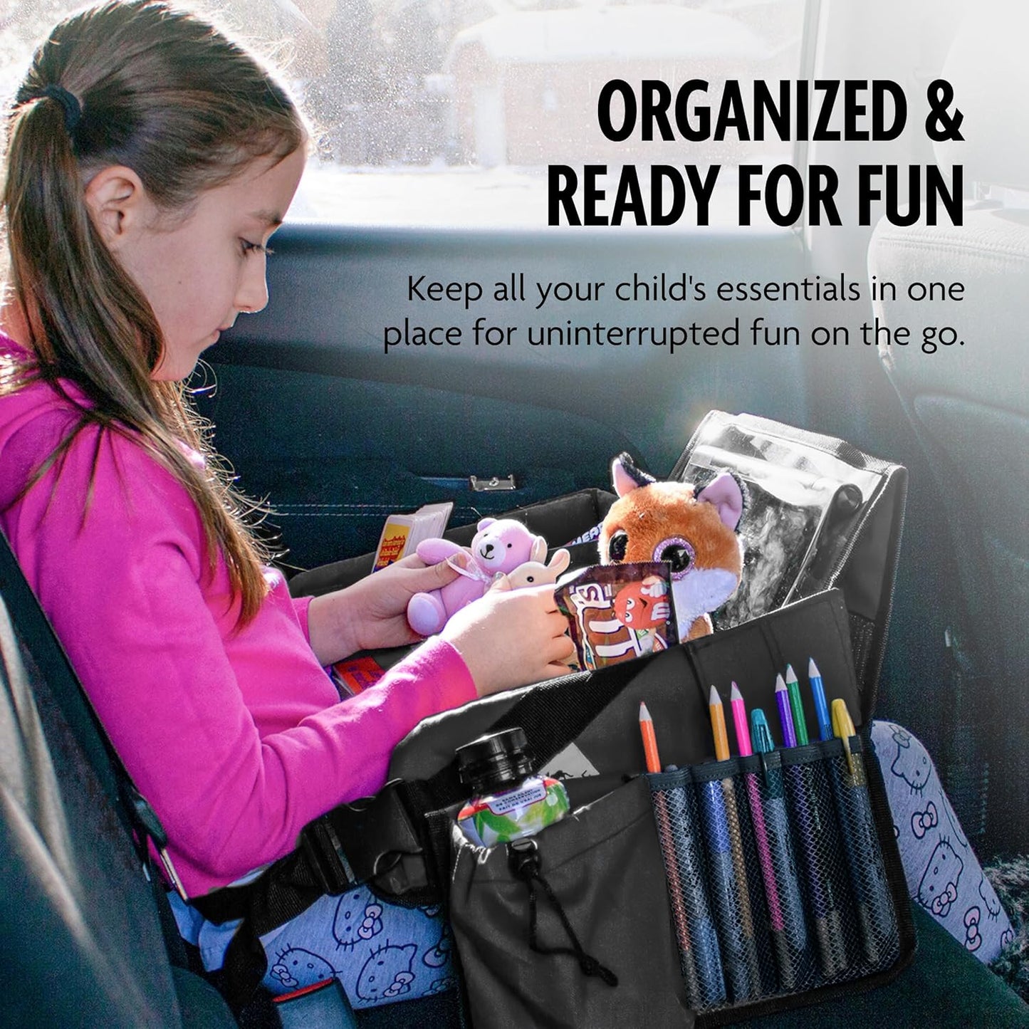 DMoose Travel Lap Activity Tray for Kids and Toddlers, Padded Comfort Base, Side Walls, Mesh Snack Pockets, Tablet Holder, Waterproof Car Seat, Stroller, Airplane Play and Learn Area (Black (New))