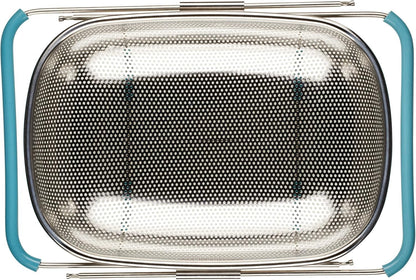 Rachael Ray Tools and Gadgets Over-The-Sink Colander/Strainer, 4.5 Quart, Stainless Steel with Agave Blue Handles