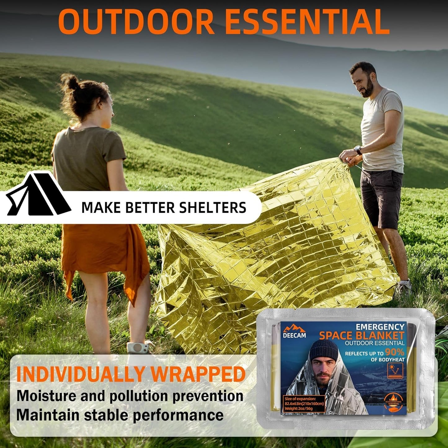 Deecam Emergency Space Blankets, Mylar Thermal Survival Blankets Foil Camping Emergency, Silver and Gold Heat Reflective Blanket for Outdoor, First Aid, Hiking, Camping Gear, Travel (6Pack)