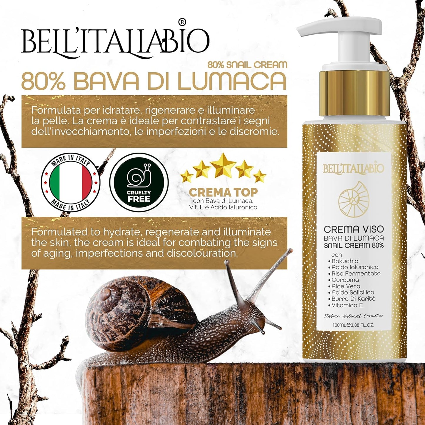 Anti-Wrinkle Face Cream with Snail Slime, Hyaluronic Acid, Vitamin E – Regenerating and Brightening with Aloe Vera – Multifunctional Anti-Aging Treatment for Blemishes and Dyschromias – Made in Italy