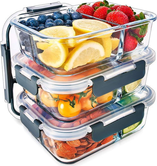 Igluu Meal Prep Glass 3 Compartment Container with Airtight SnapLock Lids - Portion Control Food Storage - BPA Free - Microwavable, Dishwasher and Oven Safe [3 Pack]