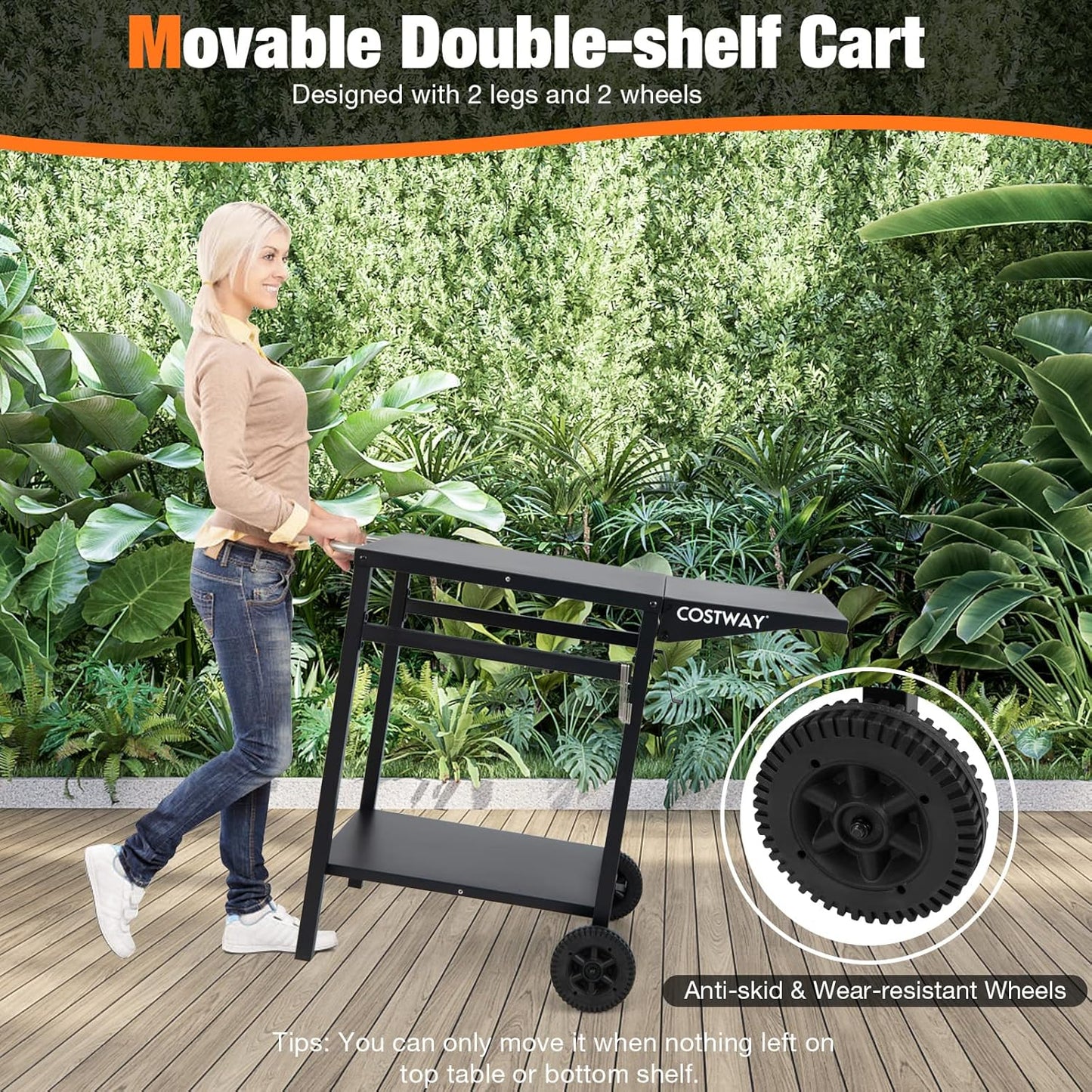 Costway Movable Dining Cart Table, Double-Shelf Trolley with Folding Tabletop, 4 Extra Hooks & 2 Directional Wheels, Outdoor Prep Cart for Pizza Oven & BBQ Grill, Worktable for Backyard, Patio, Garden
