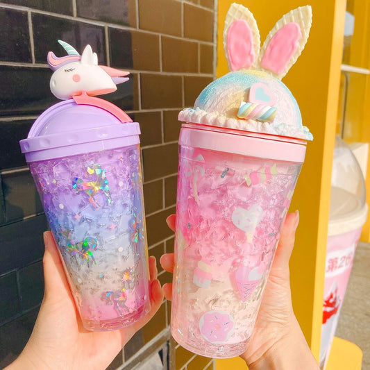 seelucky Bunny Travel Tumbler Girl Ice Drinking Cup Freezer Frosty Mug with Straw Picnic Party Birthday Gift (bunny blue, 450 ml)