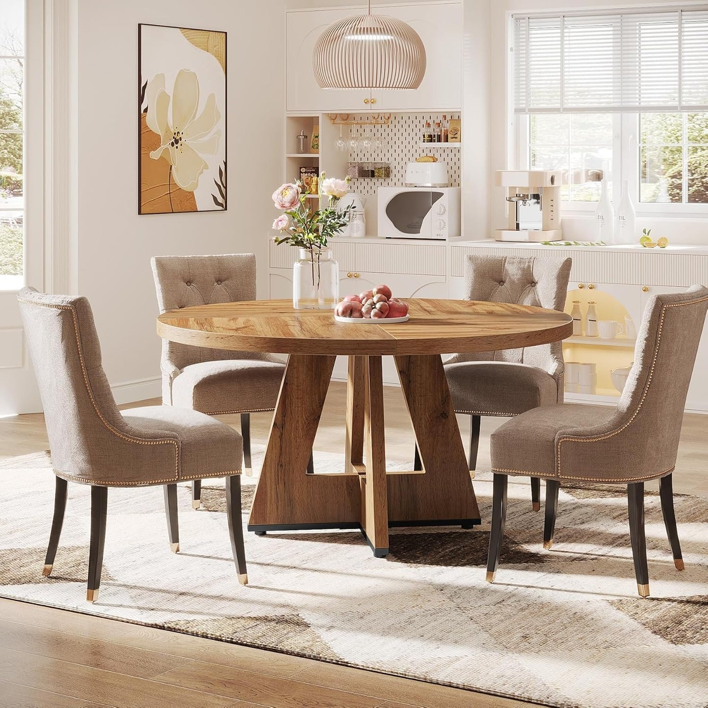 Tribesigns Round Dining Table Wood Kitchen Table for Dining Room, 47" Dinning Room Tables for 4 Adult, Farmhouse Dinner Table with Wooden Tabletop and Cross Base, Burlywood