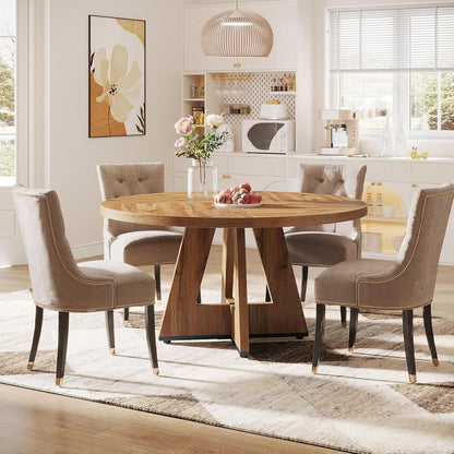 Tribesigns Round Dining Table Wood Kitchen Table for Dining Room, 47" Dinning Room Tables for 4 Adult, Farmhouse Dinner Table with Wooden Tabletop and Cross Base, Burlywood