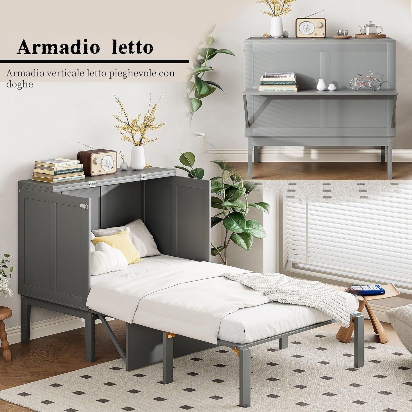 Wyibwy Wardrobe Bed 90 x 200 cm, Wall Mounted Bed with Slatted Frame, Folding Bed, Vertical Wardrobe Bed with Slatted Frame, Children's Bed, Single Bed, Space Saving Furniture, Grey