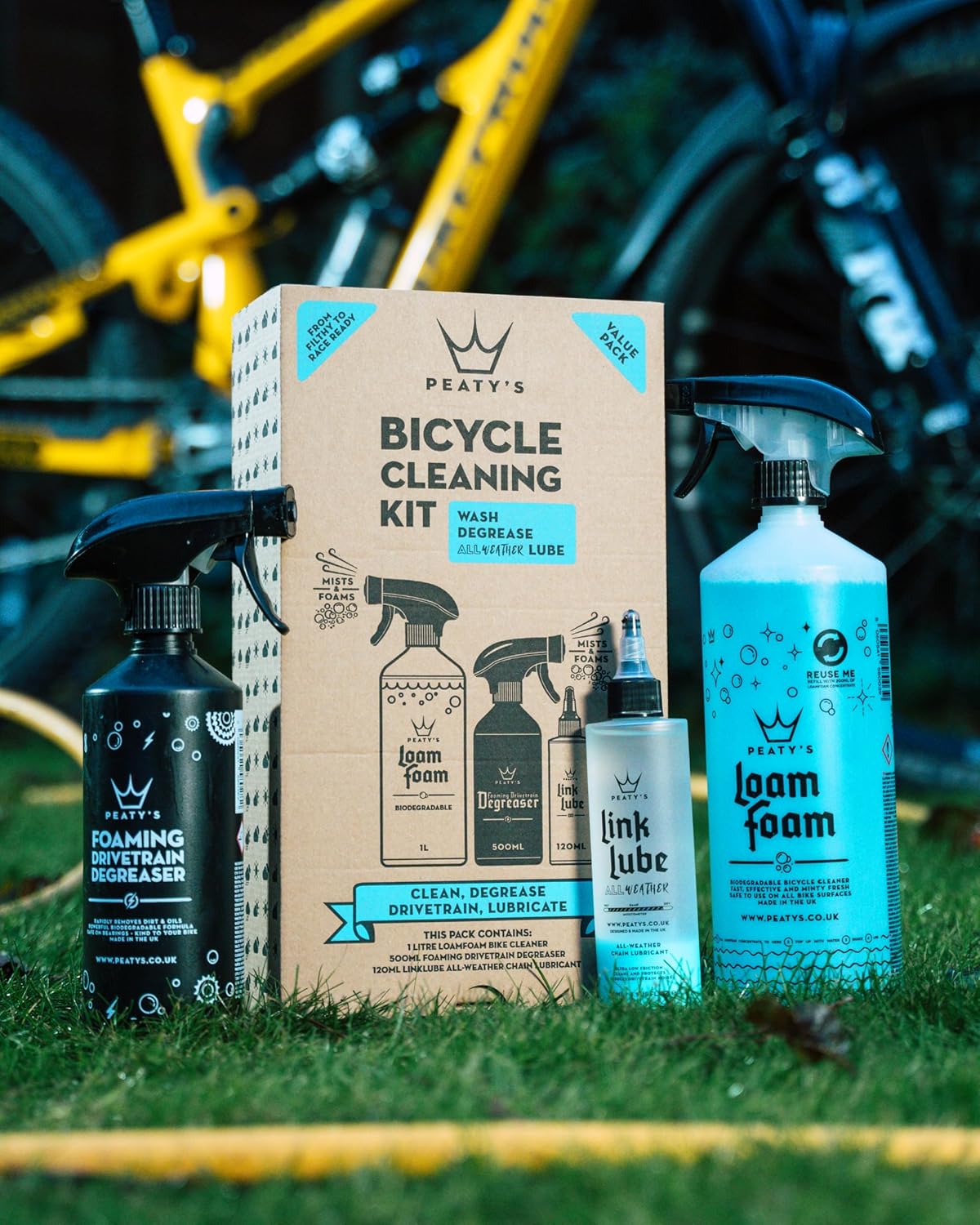 Peaty's Bicycle Cleaning Kit - Wash, Degrease & Lubricate - Essentials For Bike Maintenance & Care - Biodegradable Foaming Cleaner, Drivetrain Degreaser & Chain Lubricant - Carbon MTB Road E-Bike Safe