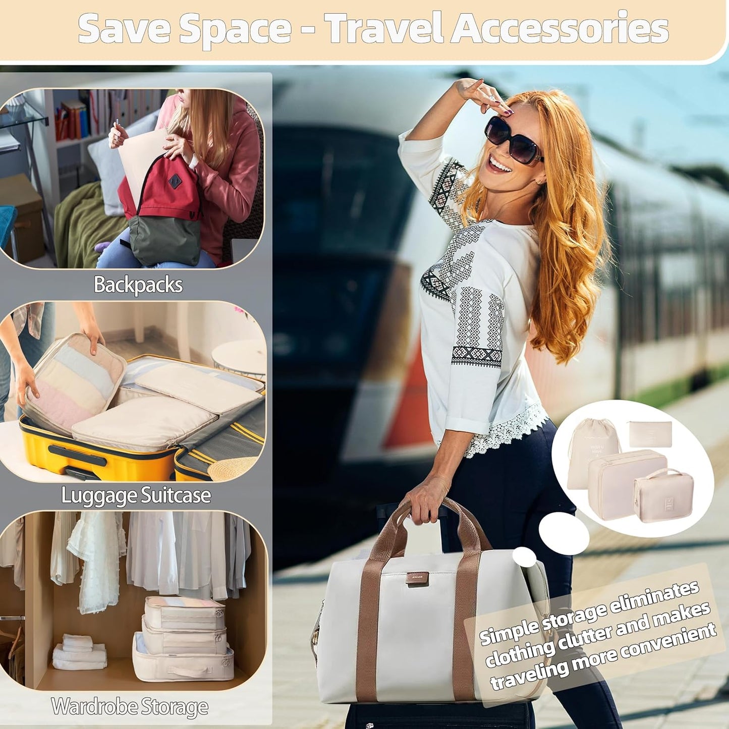 10 Pcs Set Packing Cubes - Travel Packing Organizers, Expandable Suitcase Organizer, Luggage Organizer Bags, BEIGE, Large
