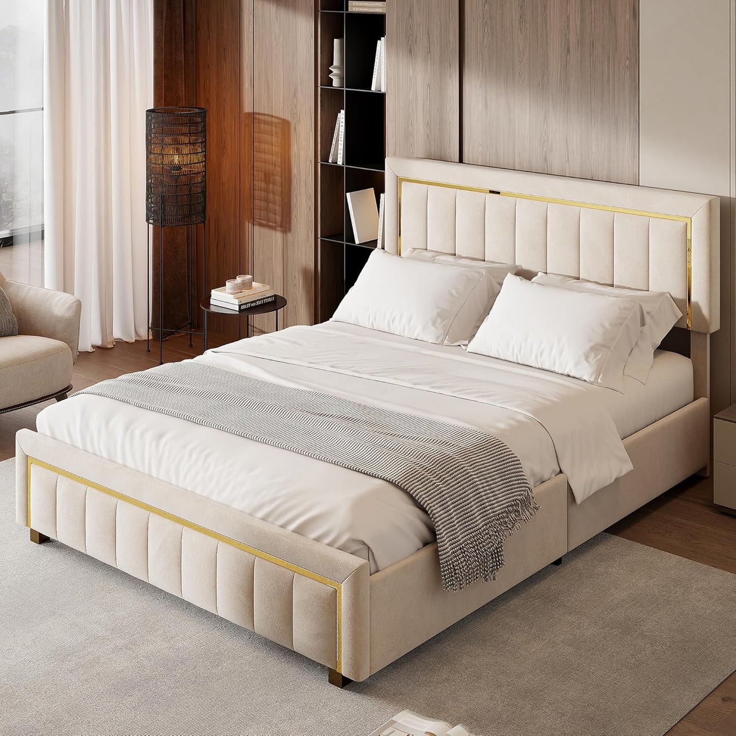 BRILVERDE Double Padded Bed, 160 x 200 cm, Bed Frame with Storage Compartment and Slatted Base, Hydraulic Bed with Headboard, Velvet (Open White, 160 x 200 cm)