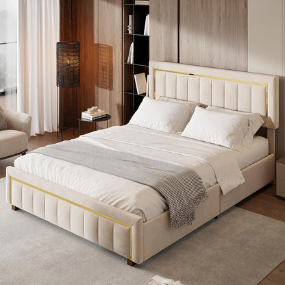 BRILVERDE Double Padded Bed, 160 x 200 cm, Bed Frame with Storage Compartment and Slatted Base, Hydraulic Bed with Headboard, Velvet (Open White, 160 x 200 cm)