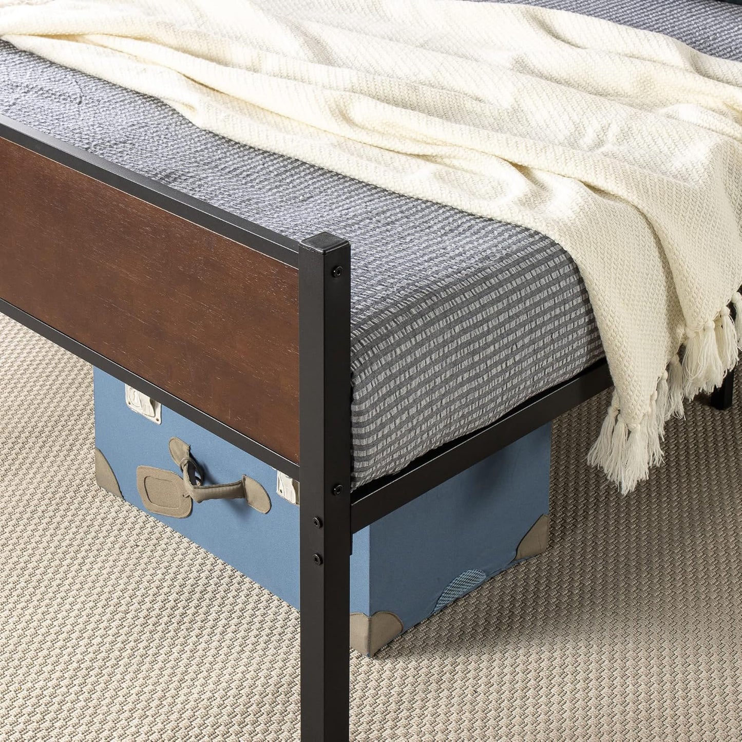 Zinus Queen Bed Frame, Industrial Metal Wooden Bamboo Bed Frame Base with Headboard, Black & Dark Wood, Bedroom Furniture, Brown
