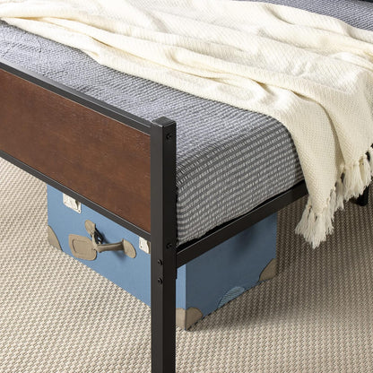 Zinus Queen Bed Frame, Industrial Metal Wooden Bamboo Bed Frame Base with Headboard, Black & Dark Wood, Bedroom Furniture, Brown