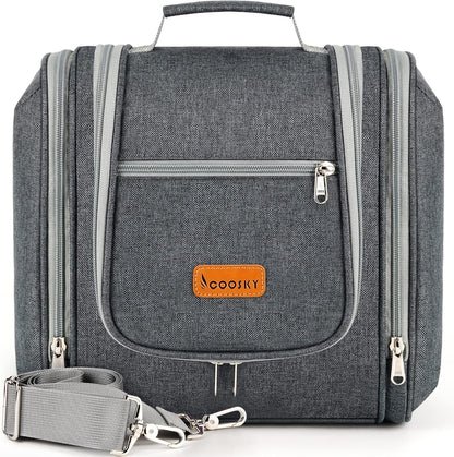 COOSKY Extra Large Hanging Travel Toiletry Bag for Women and Men, Hygiene Bag, Bathroom and Shower Organizer Kit with Elastic Band Holders for Toiletries, Cosmetics, Makeup, Brushes, Grey, Extra Large