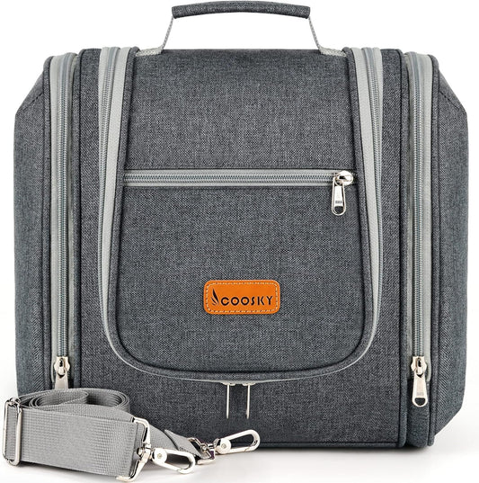 COOSKY Extra Large Hanging Travel Toiletry Bag for Women and Men, Hygiene Bag, Bathroom and Shower Organizer Kit with Elastic Band Holders for Toiletries, Cosmetics, Makeup, Brushes, Grey, Extra Large