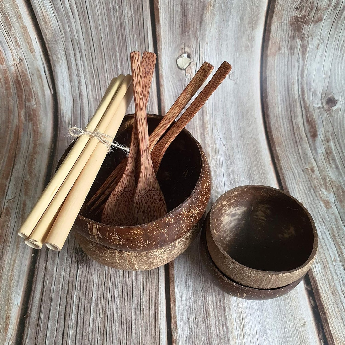Rainforest Bowls Eco-Kitchen Set 2-Pack - Small & Jumbo Original Coconut Bowls + Coconut Wood Utensils + Bamboo Straws - Earth-Friendly, 100% Natural - Zero-Waste Gift for Green Kitchens