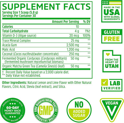 Zhou Nutrition Hydro-Fuel, Sugar Free Electrolyte Powder, Replenish Nutrients & Restore Hydration, Natural Mineral Complex with Coconut Water Concentrate, Vegan, Gluten Free, Lemon Lime, 30 servings