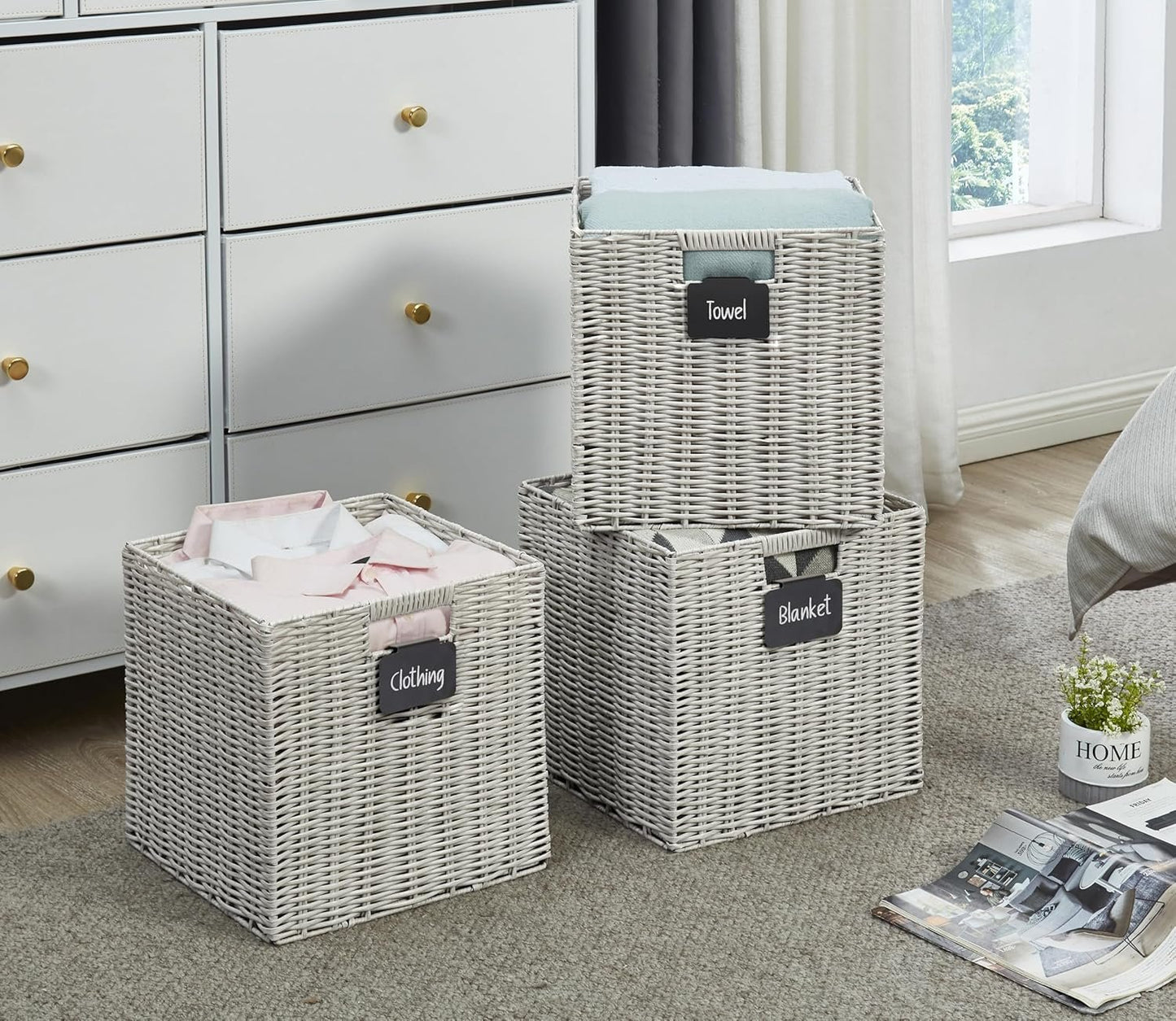 DECOMOMO Wicker Baskets Storage Organization Waterproof Plastic Storage Cubes for Toys, Books, Clothes (Set of 4 - Pastel Green)