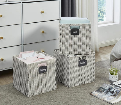 DECOMOMO Wicker Baskets Storage Organization Waterproof Plastic Storage Cubes for Toys, Books, Clothes (Set of 4 - Pastel Green)