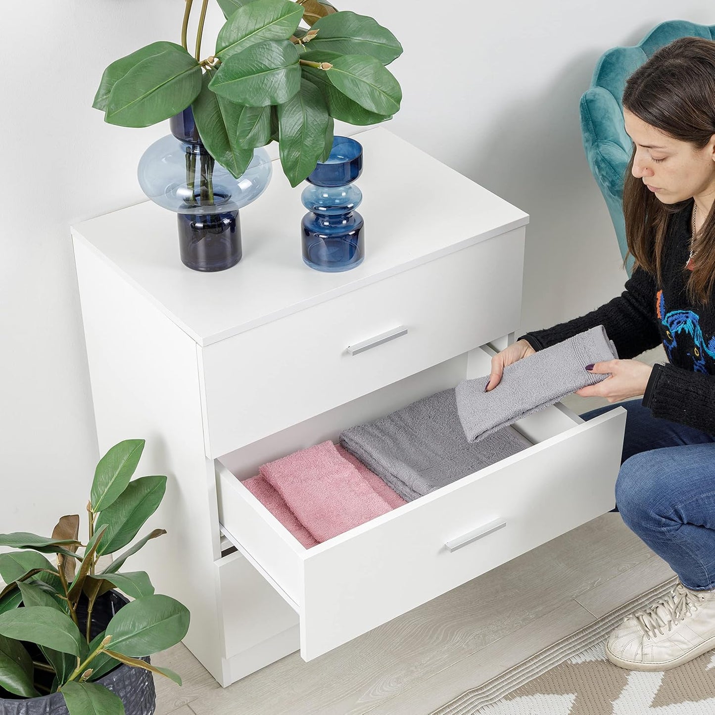 Baroni Home 3 Drawer Chest of Drawers in Melamine-Plated, Bedroom or Living Room, Modern White Furniture, 60 x 40 x 70 cm