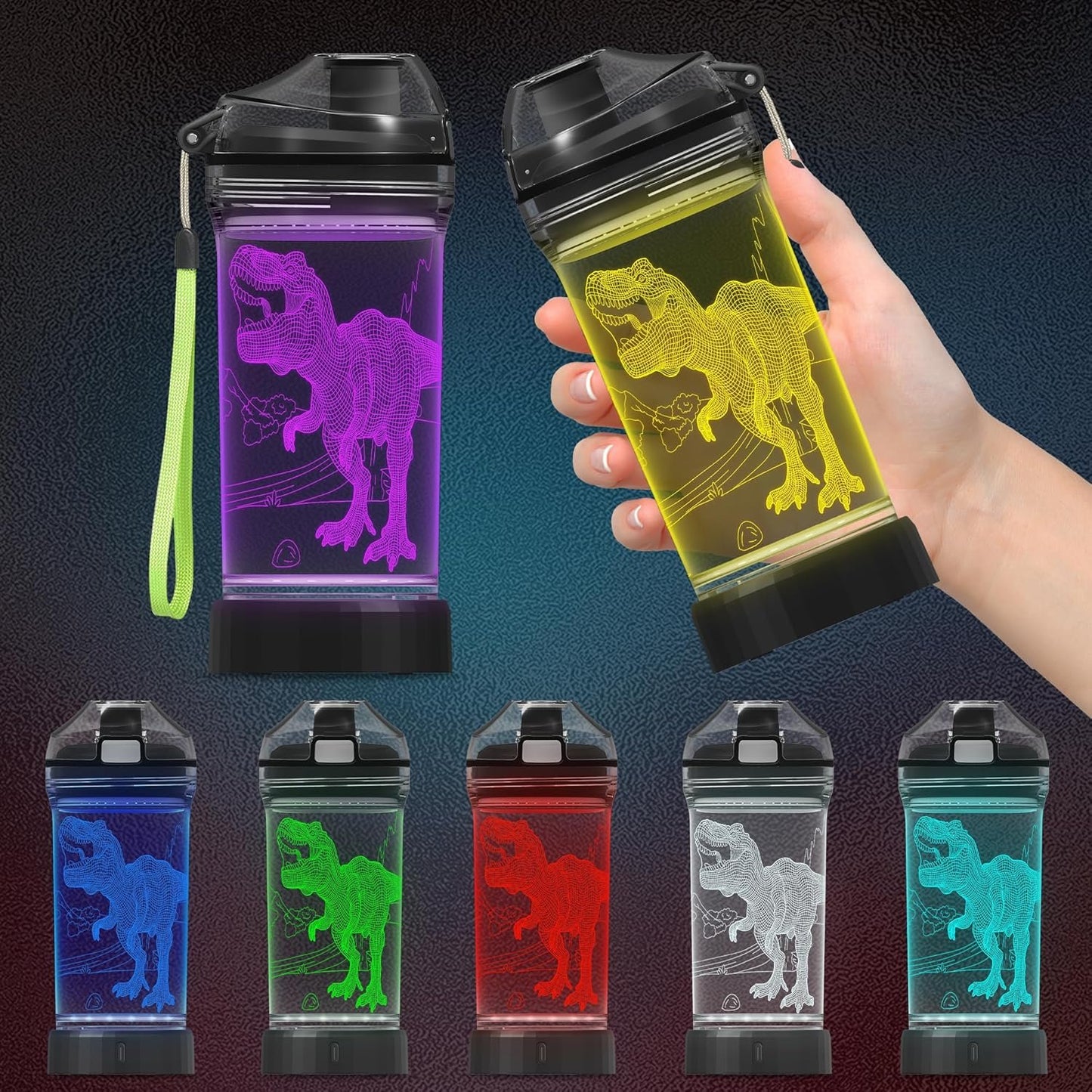 CoolGift Mart Dinosaur Water Bottle - Light Up 3D T-Rex Design - 14oz Tritan BPA Free - Best Gift for 4 5 6 7-Year-Old Boys Girls- Kids Drinking Cup - Christmas Holiday