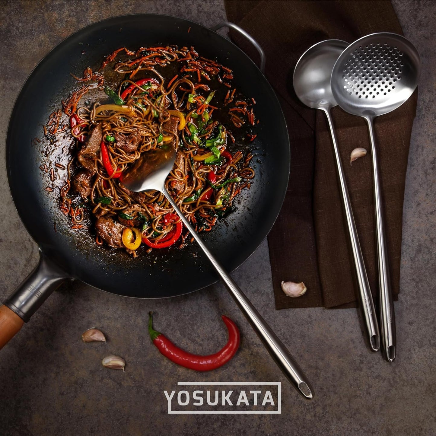YOSUKATA Stainless Steel Spatula and Ladle for Wok 43 cm - Kitchen Utensils Set 304 Stainless Steel - Kitchen Ladle Set - Wok Accessories - Universal Kitchen Accessories - Kitchen Gadgets