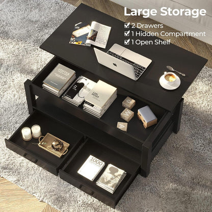 Rolanstar Coffee Table, 47" Lift Top Coffee Table with Drawers and Hidden Compartment, Retro Central Table with Wooden Lift Tabletop, for Living Room,Black