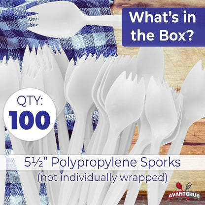 BPA-Free White Disposable Sporks 100 Pk. Recyclable, Eco-Friendly and Kid-Safe 2-in-1 Utensils Built Strong to Last Large Meals. Great for School Lunch, Picnics or Restaurant and Party Supply