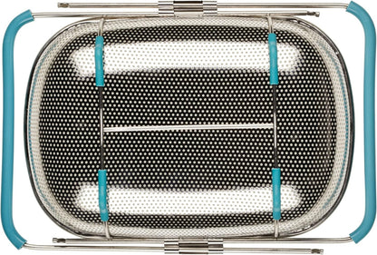 Rachael Ray Tools and Gadgets Over-The-Sink Colander/Strainer, 4.5 Quart, Stainless Steel with Agave Blue Handles