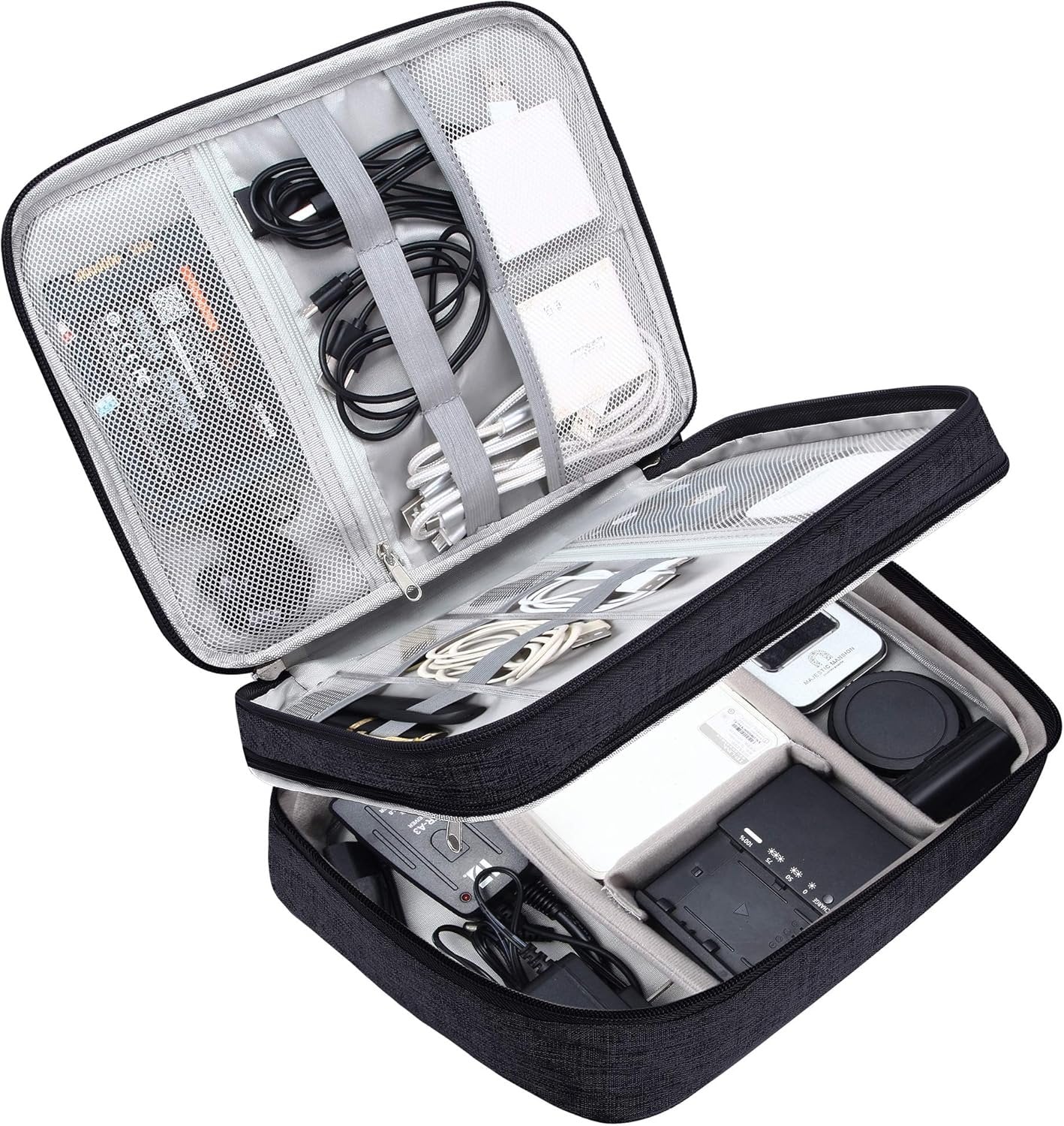 Electronic Bag Travel Cable Accessories Bag Waterproof Double Layer Electronics Organizer Portable Storage Case for Cable, Cord, Charger, Phone, Adapter, Power Bank, Kindle, Hard Drives (Black)