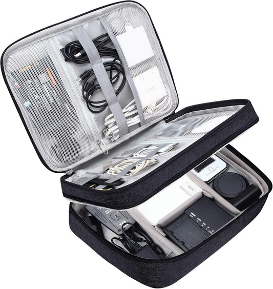Electronic Bag Travel Cable Accessories Bag Waterproof Double Layer Electronics Organizer Portable Storage Case for Cable, Cord, Charger, Phone, Adapter, Power Bank, Kindle, Hard Drives (Black)