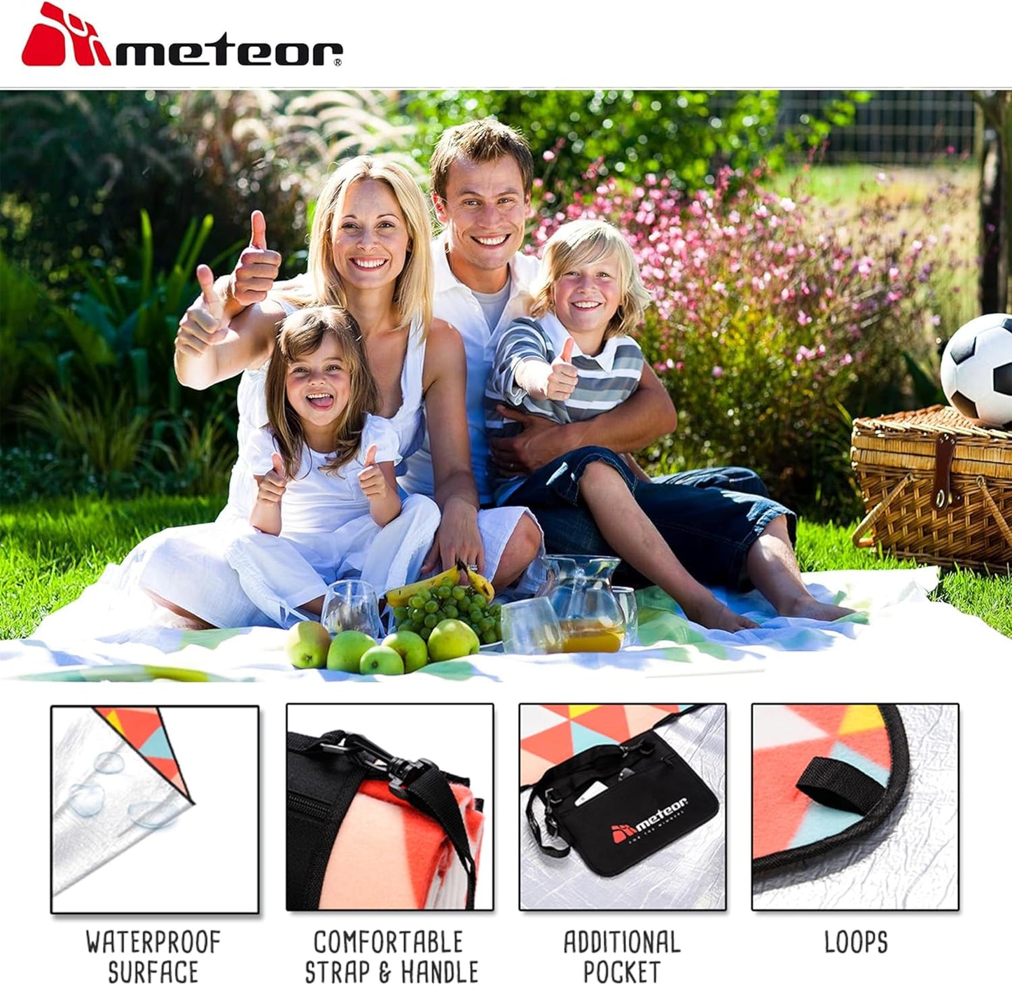 Meteor 180x200cm Picnic Blanket – Spacious Waterproof Outdoor Mat for 2-4 People – Foldable Lightweight Picnic Rug with Carry Strap