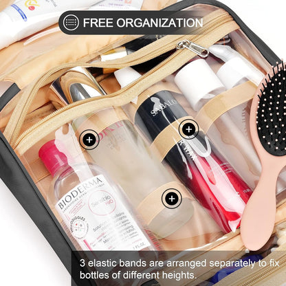 Travel Hanging Toiletry Bag for Women, with Jewelry Organizer Compartment, Medium Waterproof Hanging Makeup Accessories, Cosmetic Essentials, Toiletries Dopp Kit Set with Trolley Belt, Black