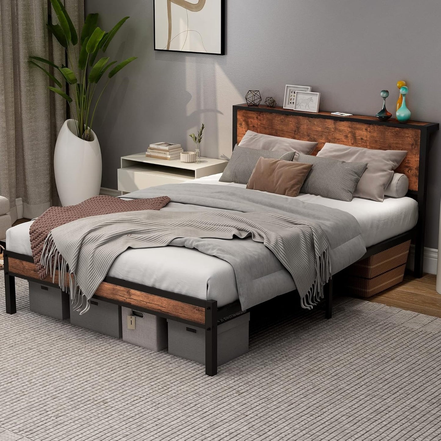 DUMEE Full Bed Frame with Wood Storage Headboard, Metal Platform Bed Frame Full, No Box Spring Needed, Noise Free, Reinforced Strong Support Leg, Textured Black&Brown Oak