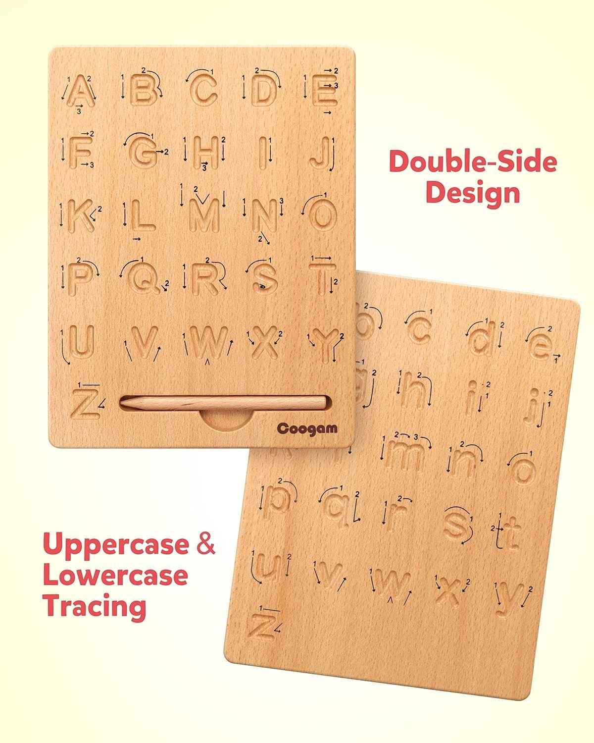 Coogam Wooden Letter Tracing Board Double-Sided, Alphabet 123 Numbers Cognition Montessori Early Learning STEM Preschool Toy 3 4 5 Years Old Kids