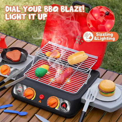 PLAY-ACT Extra Large 2-Layer BBQ Grill Playset with Pretend Smoke, Light, Sound & Color-Changing Food, Kitchen Toy Set,Pretend BBQ Grill Toy Set for Kids (25X13X12 Inch)