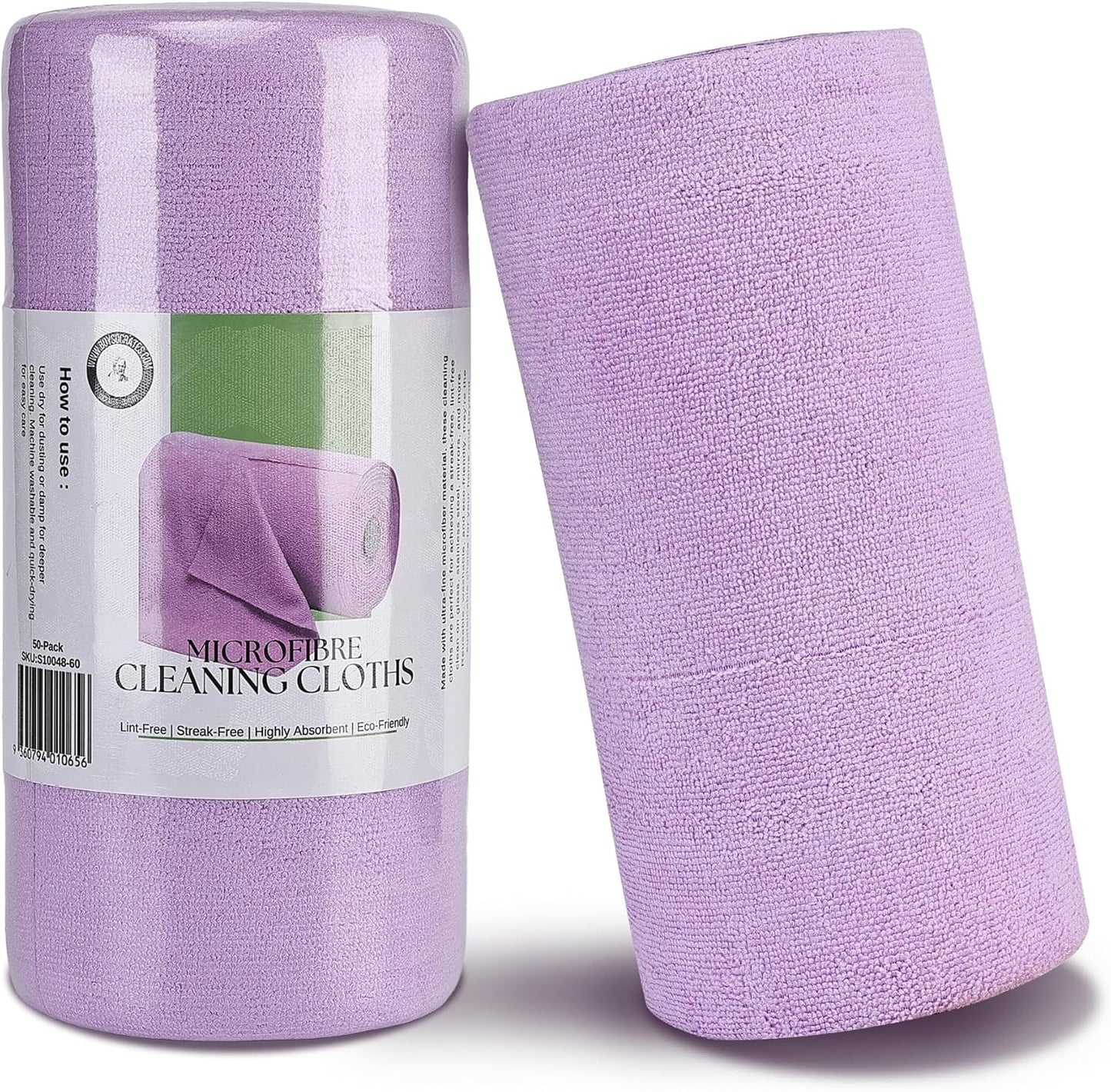 Socrates Microfiber Cleaning Cloth Roll – 50 Tear-Away, Ultra-Absorbent, Reusable, Washable, Quick-Dry Towels in Purple