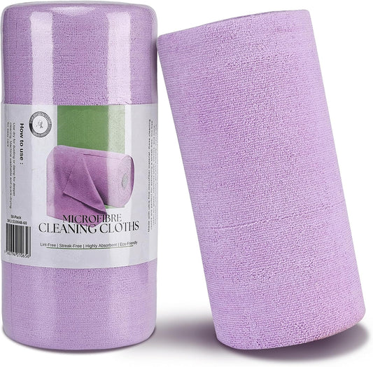 Socrates Microfiber Cleaning Cloth Roll – 50 Tear-Away, Ultra-Absorbent, Reusable, Washable, Quick-Dry Towels in Purple