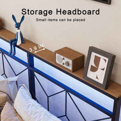 HAUSOURCE Twin Size Floating Bed Frame with Storage Headboard Metal Platform Bed Frame with LED Lights and Charging Station Easy Assembly No Box Spring Needed