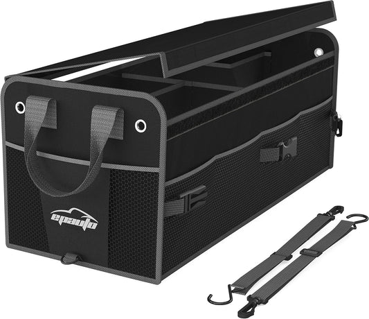 EPAuto Car Trunk Foldable Multi-Compartment Car Organizer with Removal Lid, Securing Straps and Buckles for Folding, Black