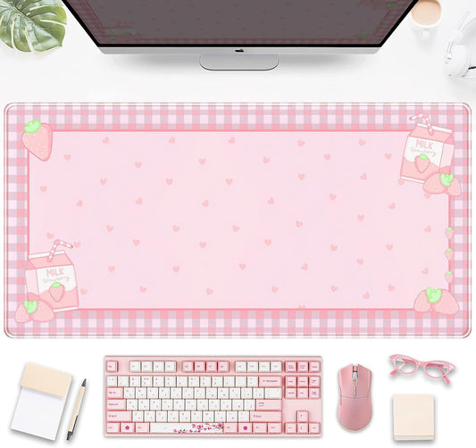 DSKGSJH Cute Pink Plaid Desk Mats Strawberry Milk Gaming Desk Pad, Kawaii Extended Mouse Pad Kawaii Large Keyboard Mats XXL, Laptop Mat Desk, Desktop Mat Mousepad Office Decor Women 31.5''x15.75''