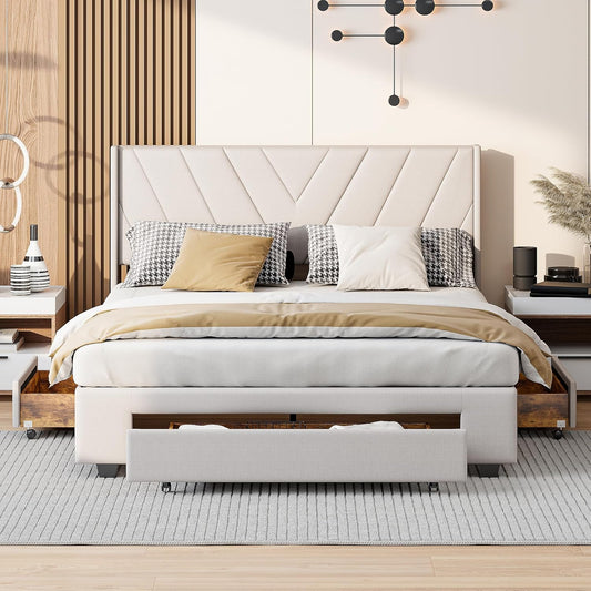 BRILVERDE Upholstered Bed, 160 x 200 cm, Double Bed with 3 Drawers, Solid Wood Bed with Headboard, Junior Bed, No Mattress, Beige (160 x 200 cm)