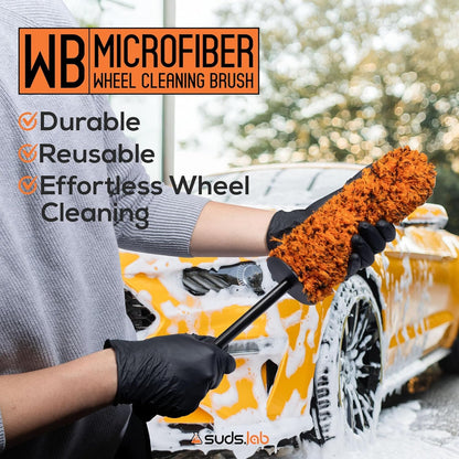 Suds Lab WB Premium Microfiber Wheel Cleaning Brush, Ultra-Soft Scratch-Free Car Detailing Tool for Rims, Tires, and Wheels, Ergonomic Handle, Machine Washable, Safe for All Vehicle Types, Reusable