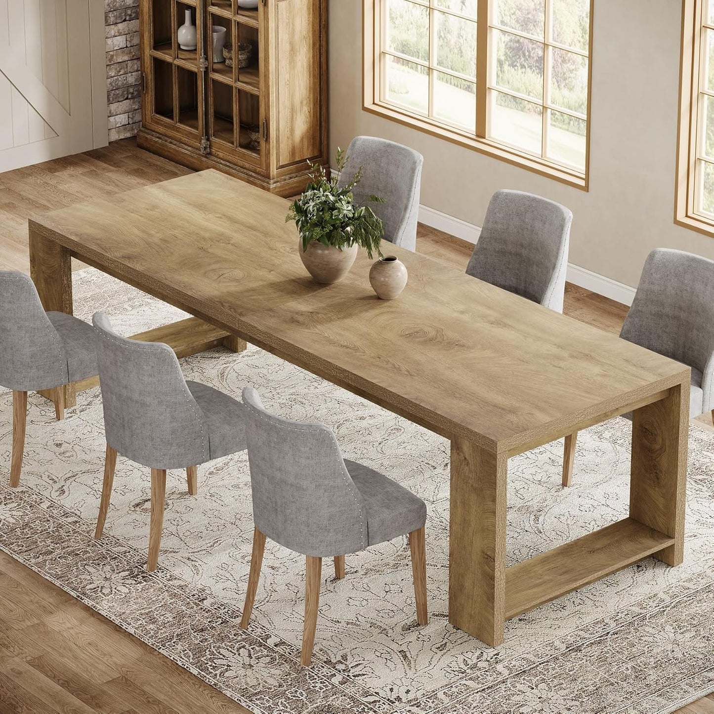 Tribesigns 86.61-Inch Dining Table for 6-8 People, Farmhouse Narrow Kitchen Table with Pedestal Base, Extra Long Rectangular Dining Room Furniture, Natural Oak