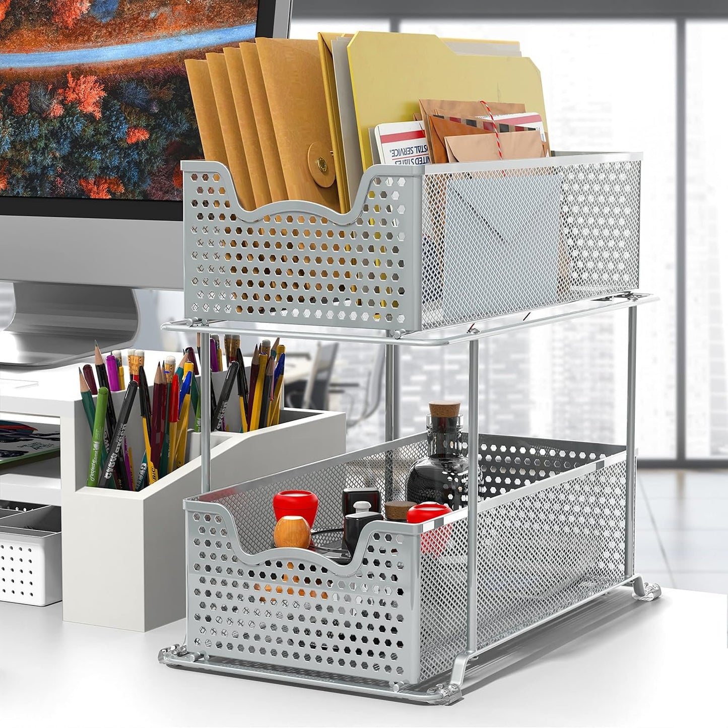 SimpleHouseware 2 Tier Pull-Out Sliding Cabinet Organizer Drawer for Under Sink, Kitchen and Bathroom, Silver