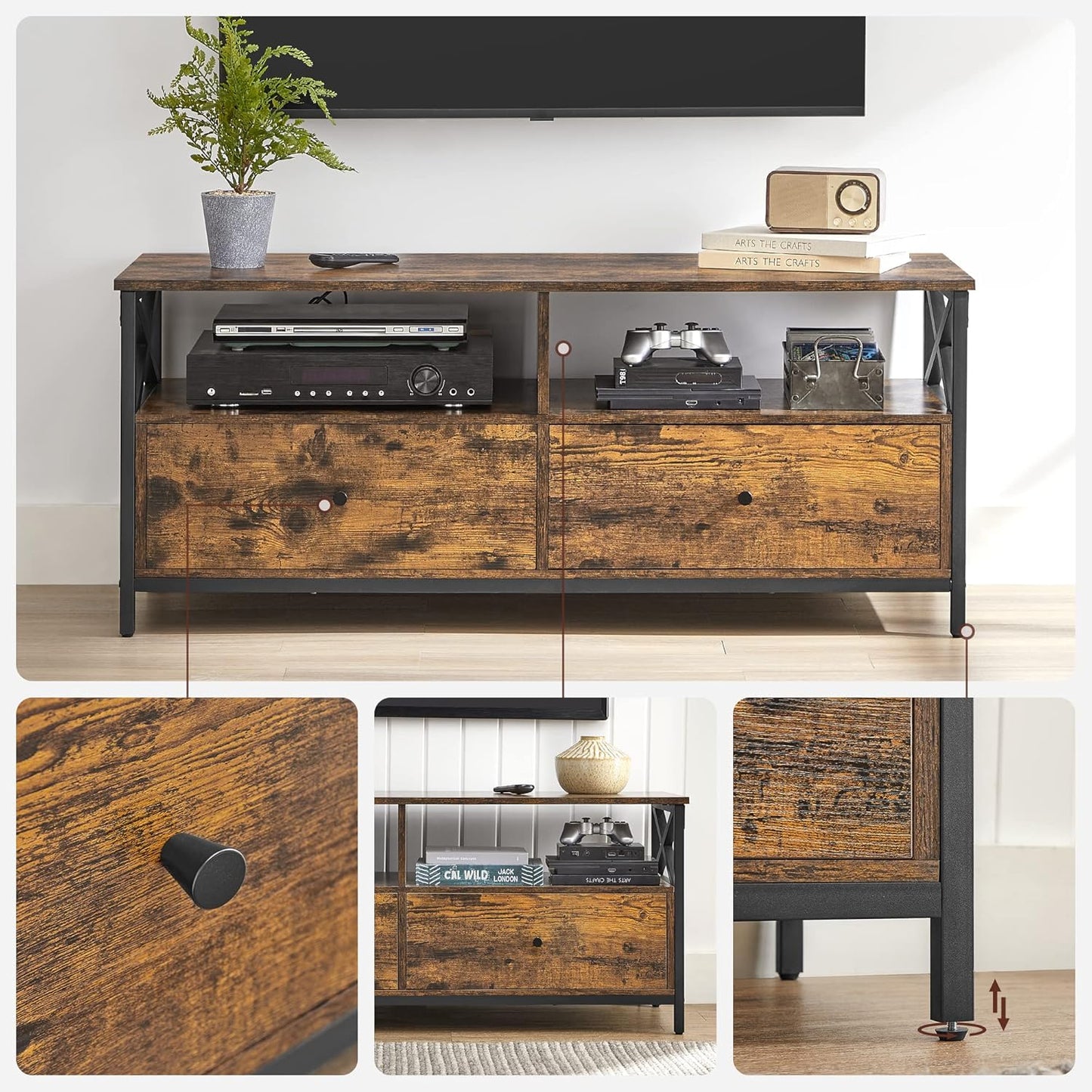 VASAGLE LTV300B01 TV Unit, TV Stand, Up to 55 Inches, 120 cm Long, 2 Drawers 2 Open Shelves, 40 x 120 x 50 cm, Living Room, Bedroom, Steel Frame, Vintage Brown and Black