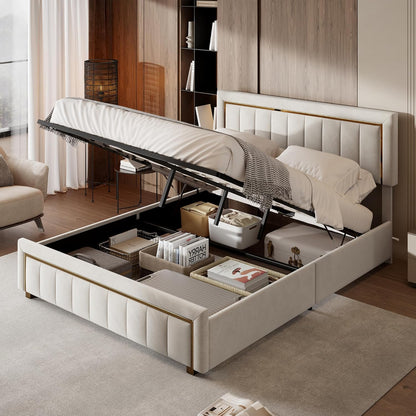 BRILVERDE Double Padded Bed, 160 x 200 cm, Bed Frame with Storage Compartment and Slatted Base, Hydraulic Bed with Headboard, Velvet (Open White, 160 x 200 cm)