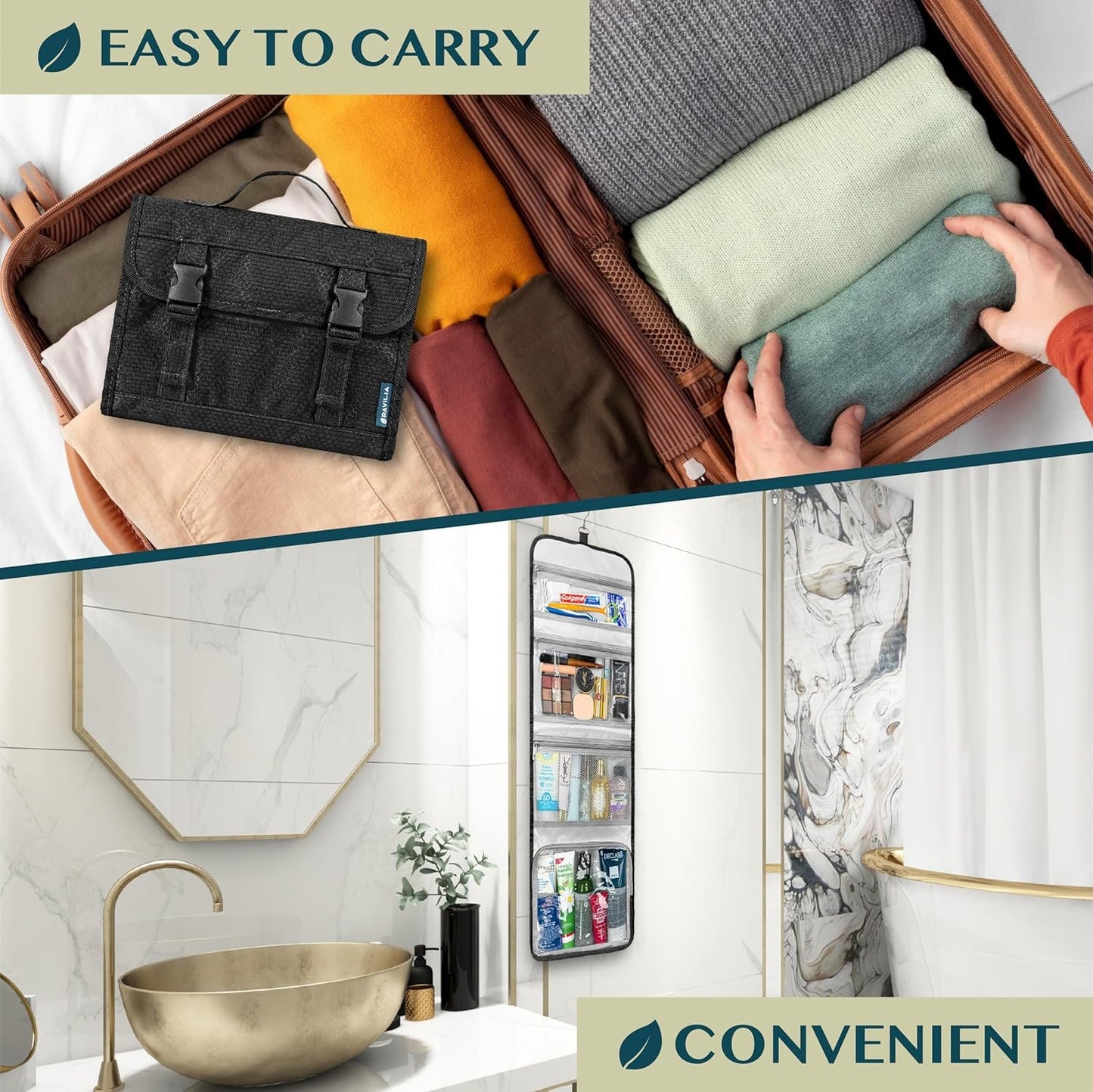 PAVILIA Travel Hanging Toiletry Bag for Women Men, Large Capacity Makeup Bag Kit, Waterproof Cosmetic Storage Organizer Case for Bathroom Shower, Black, Black, Large, Toiletry Bag