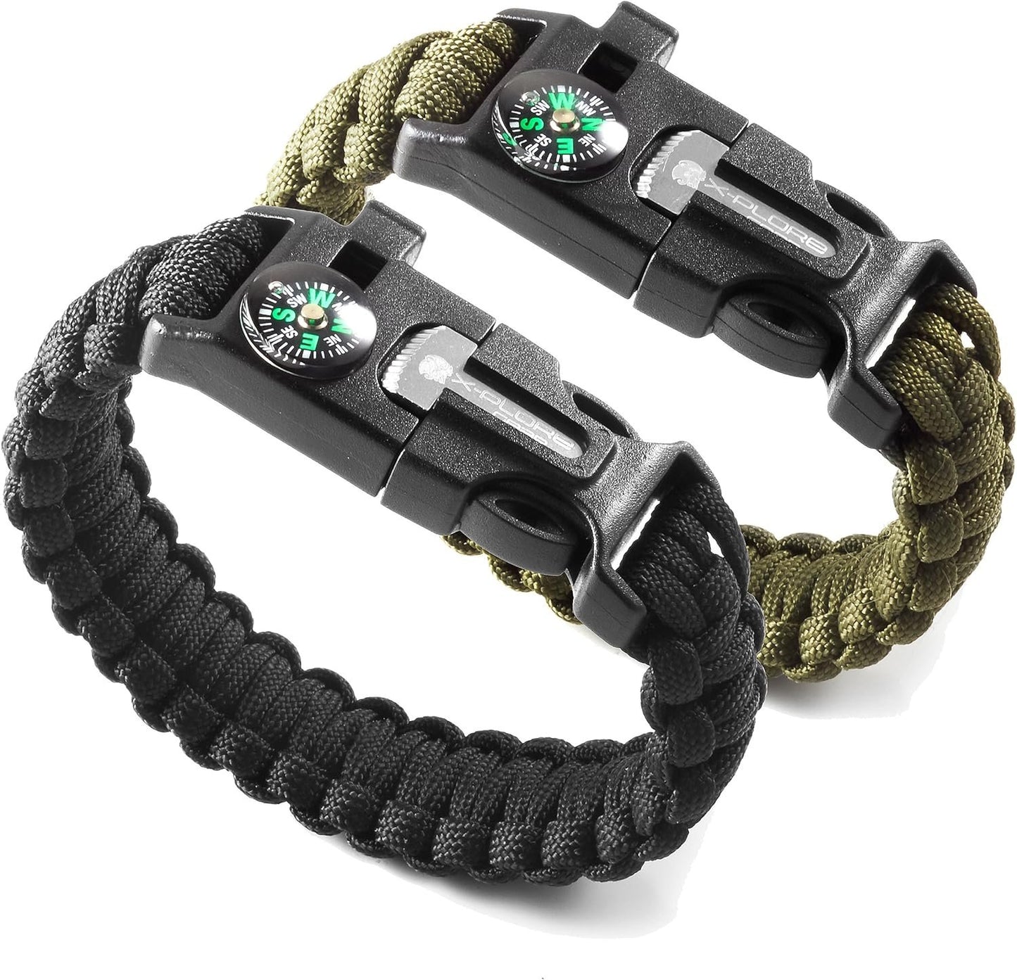 X-Plore Gear Emergency Paracord Bracelets | Set Of 2| The ULTIMATE Tactical Survival Gear| Flint Fire Starter, Whistle, Compass & Scraper/Knife| BEST Wilderness Survival-Kit For Camping/Fishing & More