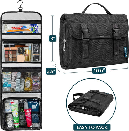 PAVILIA Travel Hanging Toiletry Bag for Women Men, Large Capacity Makeup Bag Kit, Waterproof Cosmetic Storage Organizer Case for Bathroom Shower, Black, Black, Large, Toiletry Bag
