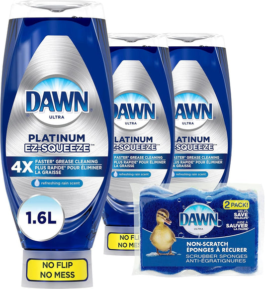 Dawn EZ-Squeeze Platinum Dishwashing Liquid Dish Soap, Refreshing Rain Scent 535 ml (Pack of 3) + Dawn Non-Scratch Kitchen DIsh Sponges (Pack of 2)